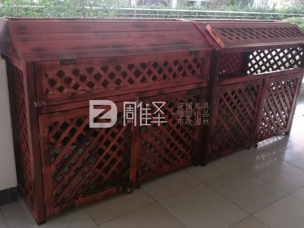 广东珠海九中垃圾桶防腐木罩子花箱二合一